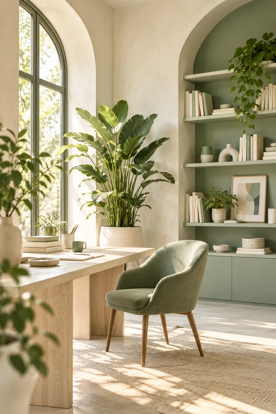 A calm studio interior with a chair, a window and sage shelves